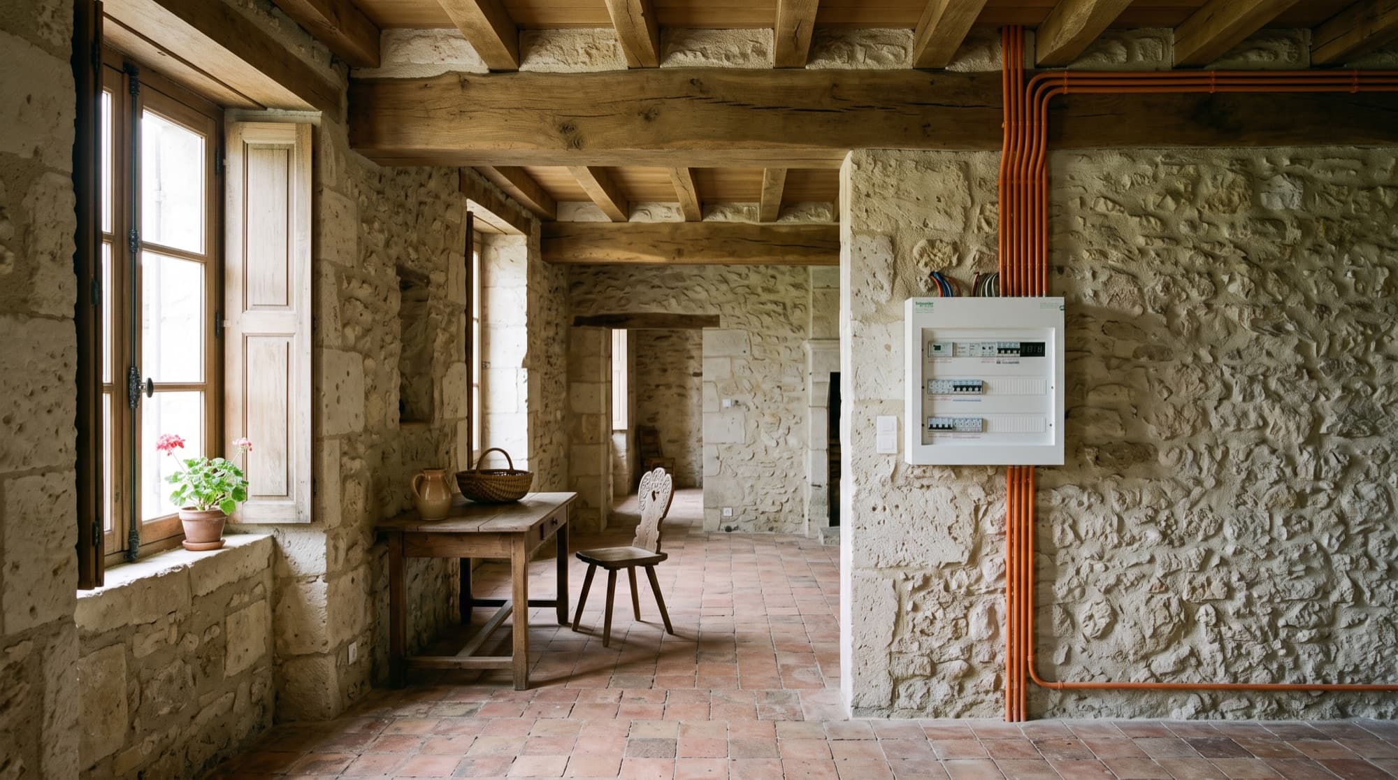 Intérieur d'une maison de bastide en pierre à Créon avec tableau électrique neuf